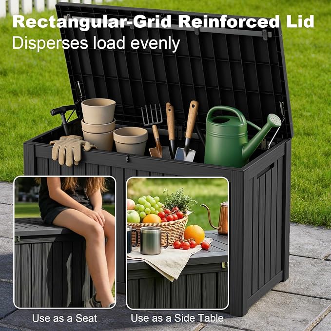 Vixzen 180 Gallon Deck Boxes Outdoor Waterproof, Resin Lockable Storage Box for Patio Cushions Storage Furniture, Garden Tools, Pool Supplies, Weatherproof and UV Resistant (Black, 180 Gallon)