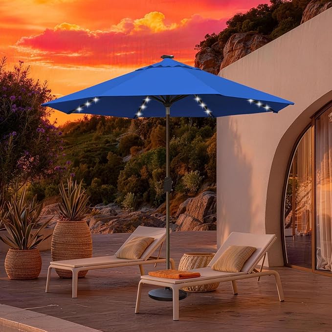 EliteShade USA 10-Year-Non-Fading 10ft Market Patio Umbrella, Commercial Grade Table Sun Umbrella with 80 Solar LED Lights, Crank Open, Windproof & UPF 50+ UV Protection for Garden, Deck, Pool, Backyard, Royal Blue