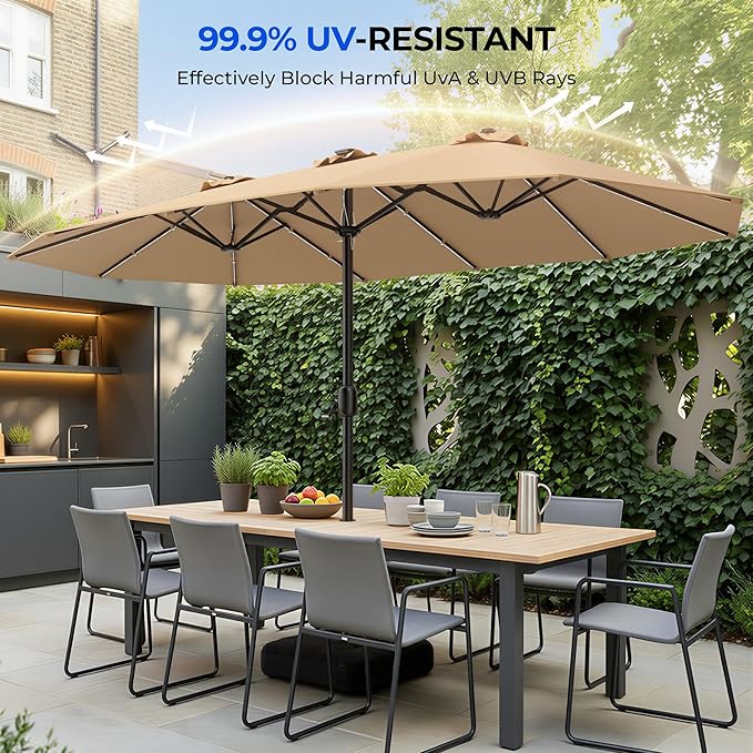 HOMSHADE Double Sided Patio Umbrellas with Base - 15ft RGB Multi-Color Flowing LED Lights Outdoor Extra Large Market Table Umbrella w/Stand, Oversized Umbrella for Deck, Pool, Backyard,Beige