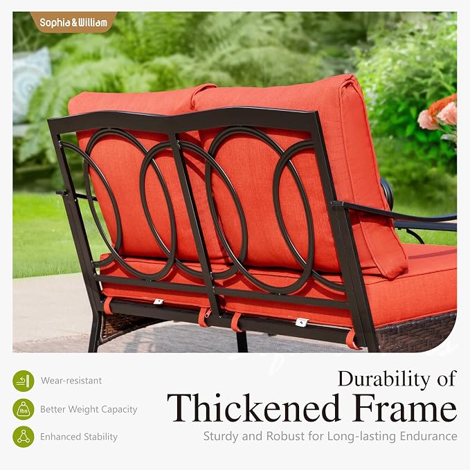 Sophia & William Patio Furniture Set with 56" Fire Pit Table, Metal Outdoor Conversation Set Patio Sectional with 3-Seater Sofas, 2 Fixed Chairs, 2 Ottomans, 1 Firepit Table for Porch Deck, Red