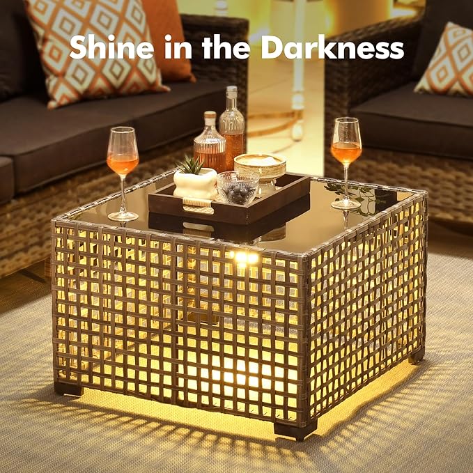 6-Piece Outdoor Patio Furniture Set with Glowing Coffee Table,All Weather Wicker Rattan Patio Seating Sofa and Chair Set with Ottomans,Outdoor Conversation Sets for Porch Deck Yard,Black