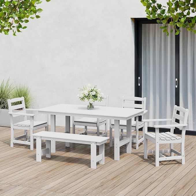 Costaelm Palms 6-Piece Outdoor HDPE Patio Dining Table Set with Bench, White