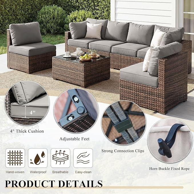 Patio Furniture Set 7 Pieces, Rattan Outdoor Sectional Conversation Sets, All Weather Outdoor Furniture Set with Cushions for Garden Lawn Balcony Porch Deck Grey
