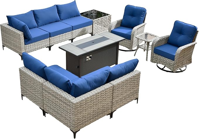 Outdoor Patio Furniture Sets,11 PCS Patio Conversation Set Outside Rattan Sectional Sofa with 54 in Fire Pit Table Wicker Rocking Chair Coffee Table Fit Backyard Porch Garden Poolside Balcony