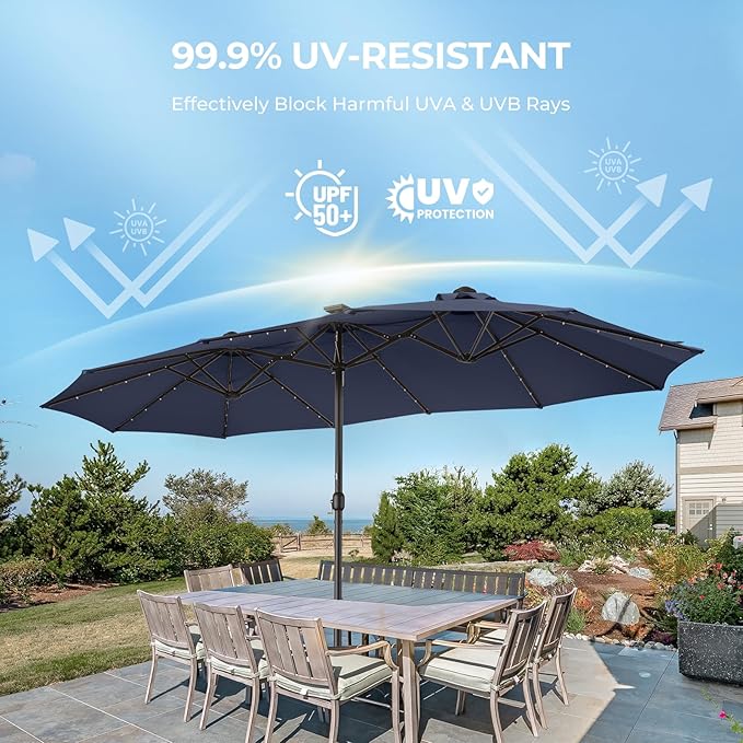 HOMSHADE Double Sided Patio Umbrellas - 13ft Solar Lights LED Lighted Outdoor Extra Large Market Table Umbrella with Base Included, Oversized Umbrella for Deck, Pool, Backyard