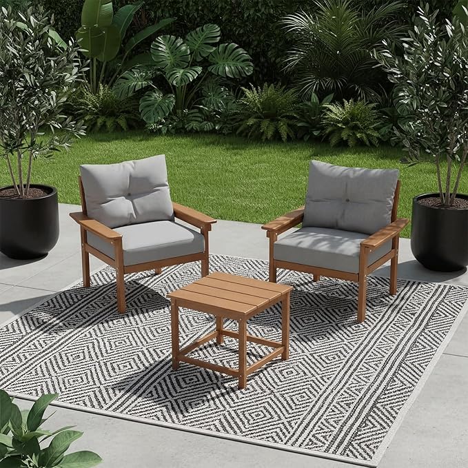 HDPE 3 Piece Patio Furniture Set, All-Weather Outdoor Couch Bistro Set with Thick Cushions & Side Table, Patio Conversation Sets for Lawn, Garden, Porch, Balcony, Deck, Poolside, Teak