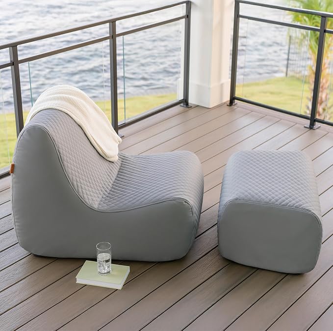 Big Joe Solvana Outdoor Lounge Chair and Ottoman, 2 Piece Patio Furniture Set, Weather-Resistant Cool Touch Silicone Stitched Leather, Moonlit Gray