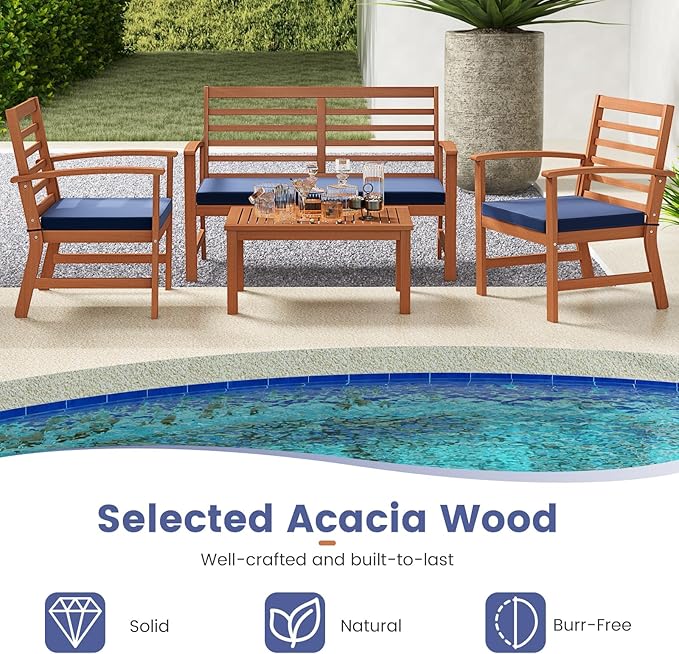 Tangkula 4 Pieces Outdoor Furniture Set, Acacia Wood Conversation Set w/Soft Seat Cushions, Stable Acacia Wood Frame, Patio Sofa & Coffee Table Set for Backyard, Porch, Poolside (Navy)
