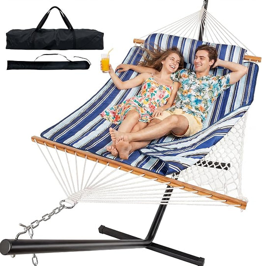 Everyfun 2 Person Hammock with Stand, Heavy Duty Double Cotton Rope Hammock with Removable Quilted Pad & Pillow, 500 LBS Adjustable Steel Frame, Tool-Free, Carry Bag for Outside Patio Yard, Blue