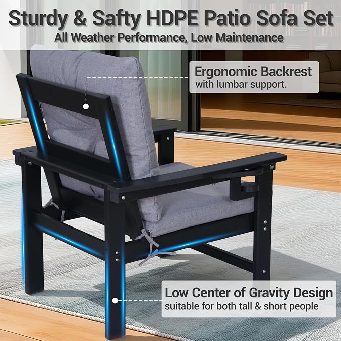 HDPE Outdoor Patio Furniture Set, 7 PCs All Weather Performance Patio Conversation Set w/Back and Seat Cushions, Free Combination Outdoor Furniture for Patio, Lawn, Poolside, Backyard, Black