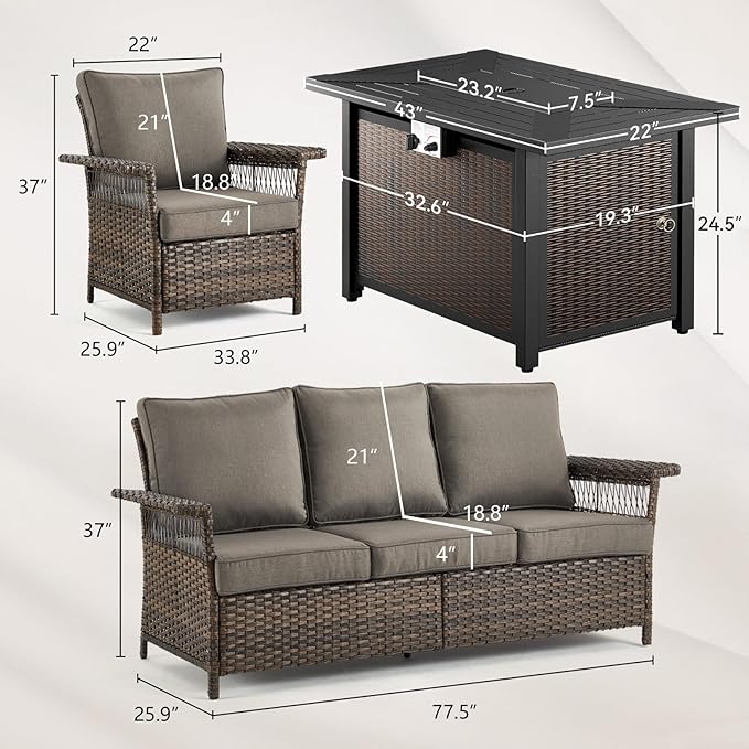 Patio Furniture Set with Fire Pit Table, 4PCS Patio Conversation Set Brown Resin Wicker Patio Chair and Sofa with 43in Rectangular Iron Firepit Table PE Rattan Patio Furniture Set