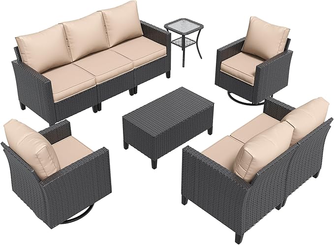 Amopatio Patio Furniture Set, 6-Piece Wicker Outdoor Sectional Sofa with Swivel Rocker Chairs, Rattan Conversation Set with Storage Coffee Table and Waterproof Cover for Backyard Black/Khak