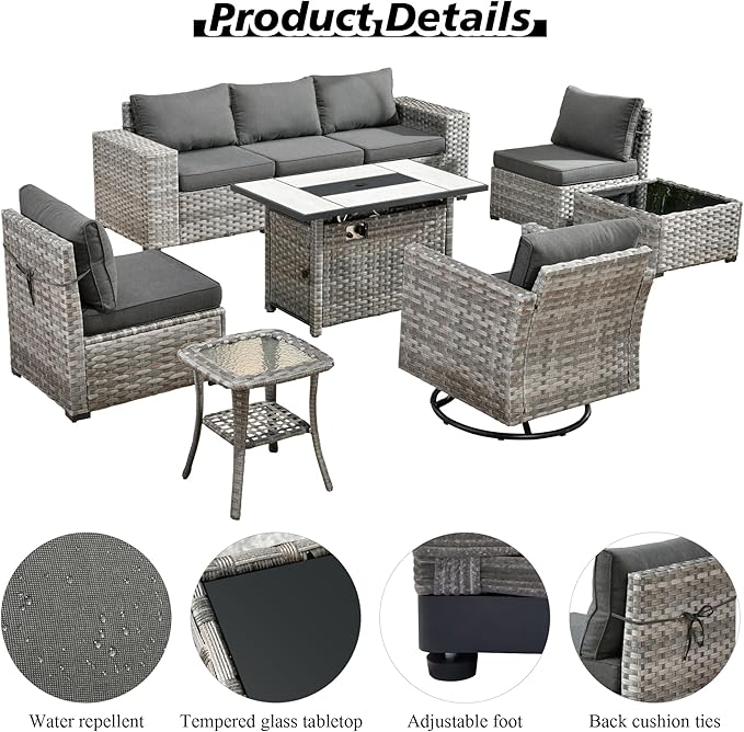 HOOOWOOO Outdoor Patio Sectional Furniture Sofa Set with Large Fire Pit Table,9 Piece Modern Wicker Couch with Swivel Chair,Modular Conversation Seating Set with Widened Armrest(Black)