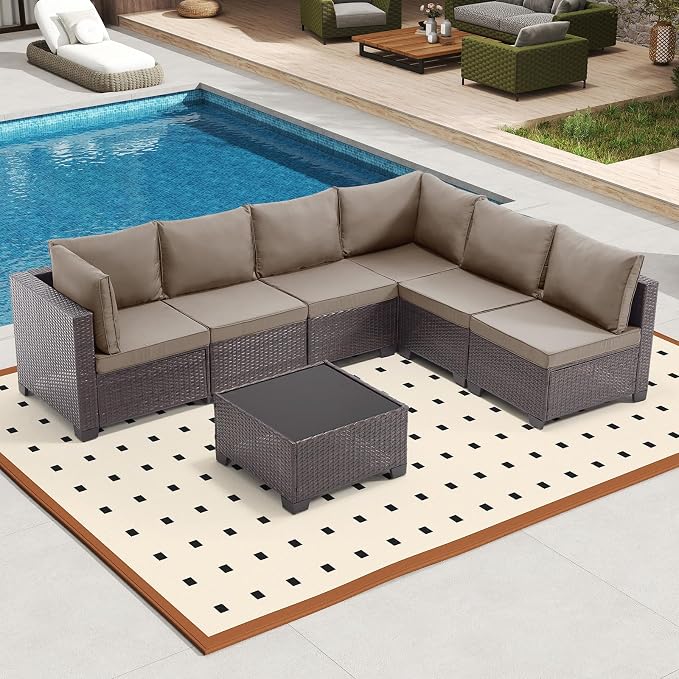 Bonzy Home 7 Pieces Outdoor Patio Furniture Set, PE Rattan Outdoor Sectional Furniture Sofa Set with Removable Cover and Glass Coffee Table, Patio Sofa for Balcony, Porch, Garden, (Brown-Khaki)