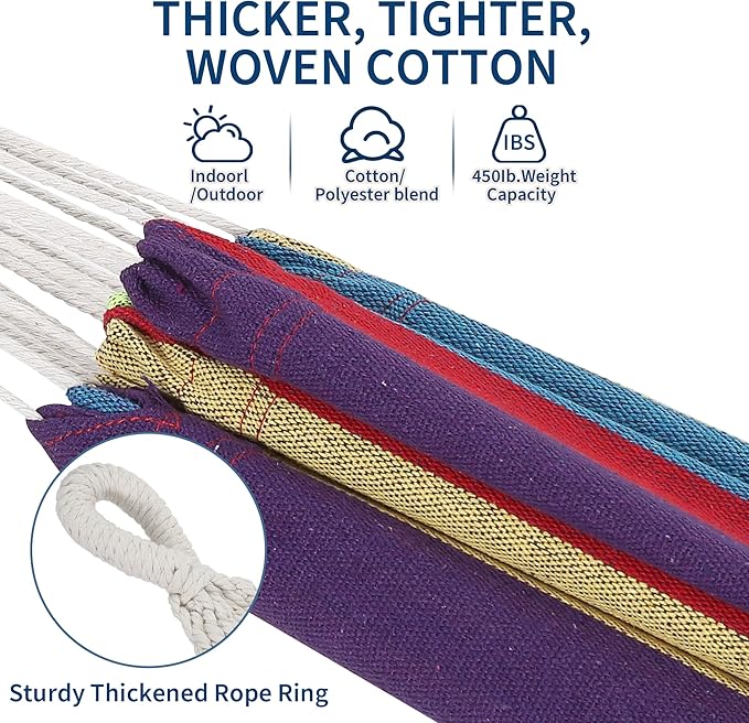 Double Hammock with Stand - Heavy Duty 450lbs Capacity, Portable Cotton Hammock for 2 Adults, Indoor & Outdoor Use with Travel Bag, Quick Assembly, Tropical Stripe Pattern