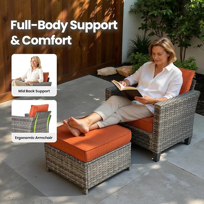 7 Piece Wicker Patio Furniture Set with Firepit Table, Orange | Outdoor Deep Seating Sofa Chair Ottoman, Firepit, Solar Lights Table, Modern Conversation Set, Porch Deck Backyard