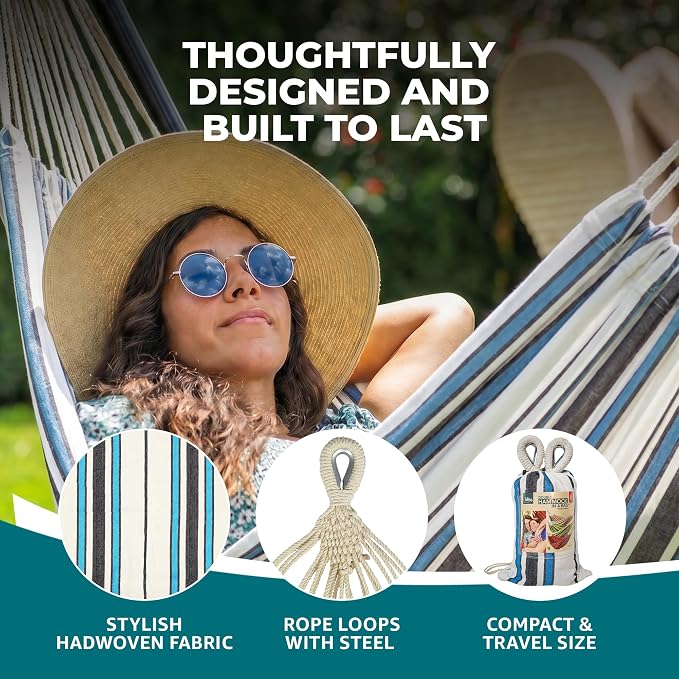 Bliss Hammocks 60" W Double Outdoor Hammock with Hand-Woven Rope Loops & Tree Straps, Patio, Durable, Cotton/Polyester, 265 Lbs Capacity, Sunday Volleyball Stripe
