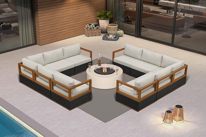 PURPLE LEAF Patio Conversation Sets 10 Pieces, Premium Leather Outdoor Couch Sectional Sofa, Patio Couch with Olefin Cushions, Patio Outdoor Furniture Set for Porch, Balcony, Garden, Black