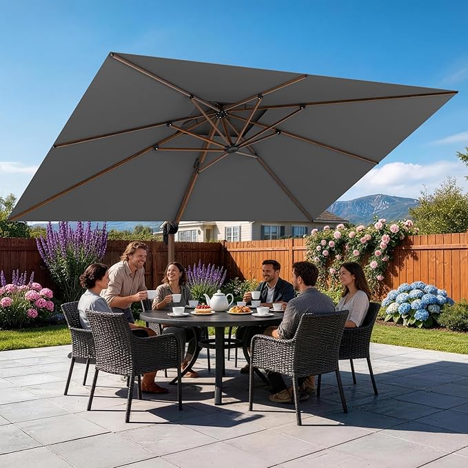 GENTEACO 10x13FT Rectangle Cantilever Patio Umbrella w/Base Included, Deluxe Wood Pattern Pole & 7 Angle Tilts, 360° Rotation, Offset Hanging Market Umbrellas for Garden Pool Patio, Grey
