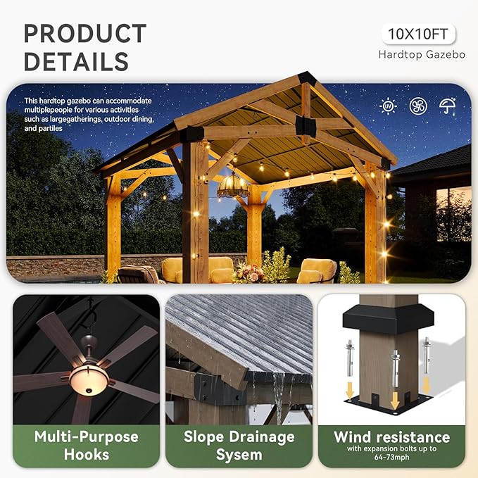Aoxun 10' x 10' Outdoor Wood Gazebo, Hardtop Gazebo Permanent Wooden Pavilion with Galvanized Steel Gable Roof, for Patio, Garden, Backyard, Cedar Wood