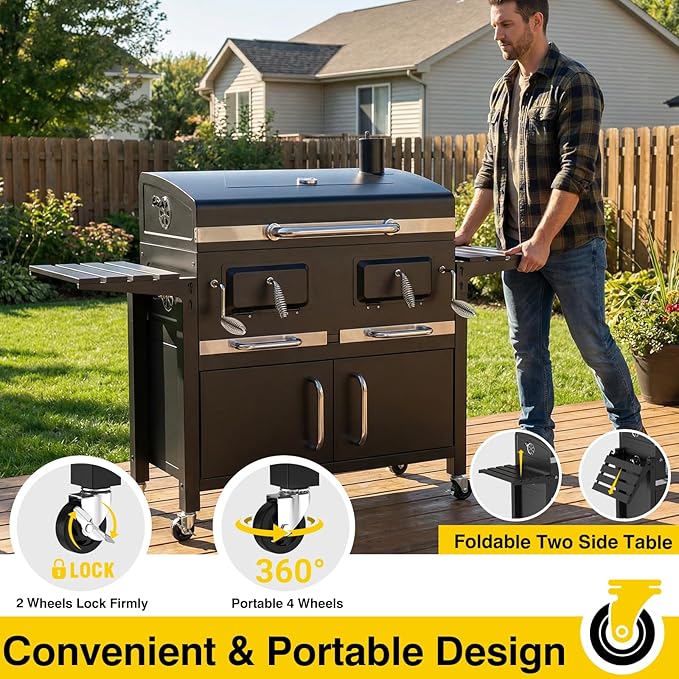 Bestfire 63" Oversized Charcoal BBQ Grill & Smoker, Large Outdoor Grill with 2 Individual Lifting Charcoal Trays, Cabinet-Style Charcoal Grills with Foldable Side Tables, 4 Wheels, Asadores de Carbon
