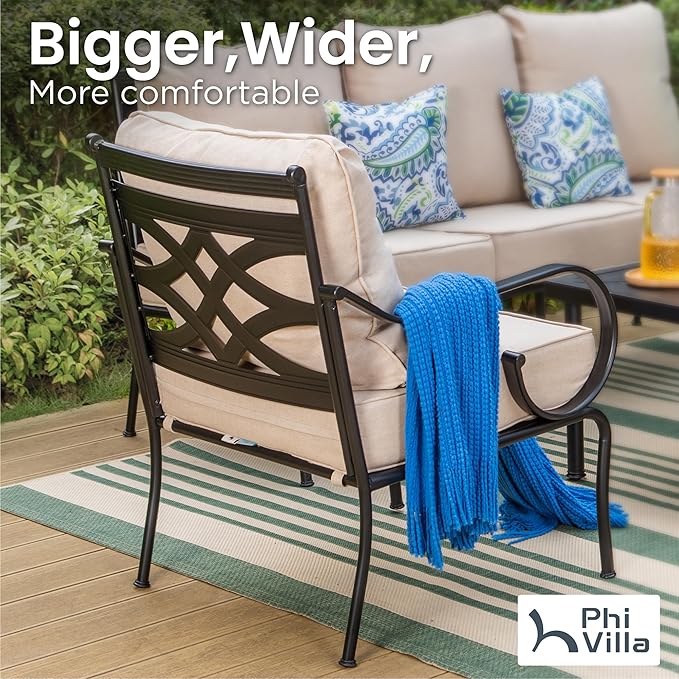 PHI VILLA Extra Large Metal Patio Furniture Sets, All-Weather Steel Frame Heavy Duty Patio Conversation Sets for Backyard, Porch and Garden