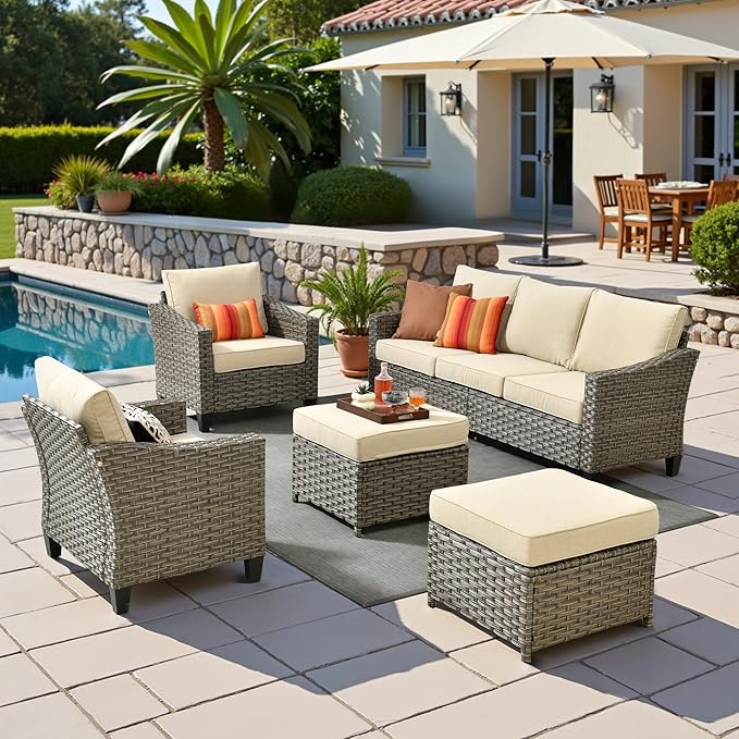 5 Pcs Patio Conversation Set for 7 Seats, Rattan Wicker Outdoor Patio Furniture Set, 2 x Single Chair, 2 x Ottoman, 3-Seat Sofa for Lawn Garden Backyard(Dark Grey)