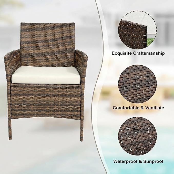 3 Piece Outdoor Patio Furniture Set, All-Weather Brown Wicker Rattan Conversation Set with Cushions, Chairs & Coffee Table for Porch, Backyard & Balcony