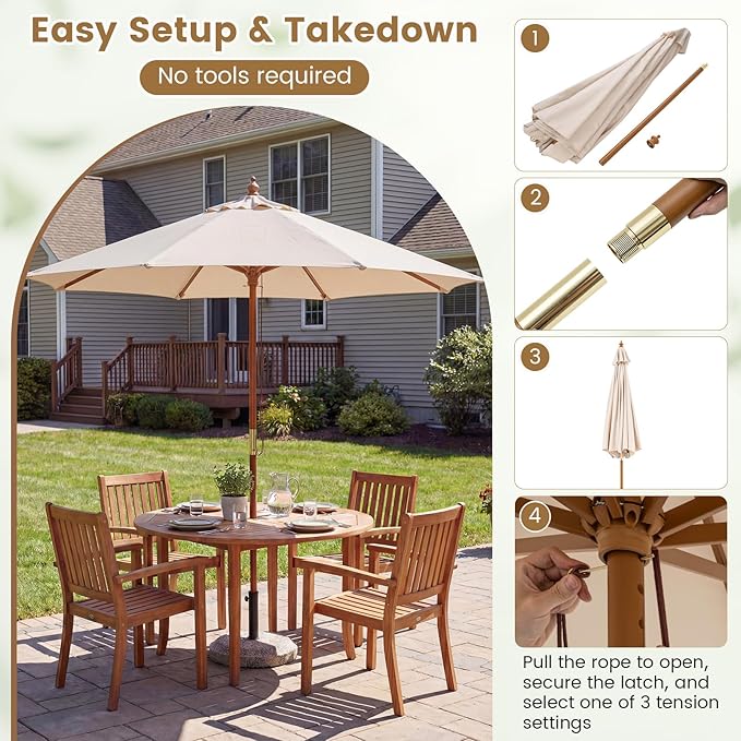 HAPPYGRILL 9 FT Patio Umbrella, Outdoor Table Market Umbrella with 8 Sturdy Bamboo Ribs, Wood Pole, Sun-Protective Double-Tier Canopy, Air Vent, Sunshade Parasol for Garden Deck Backyard Pool (Beige)