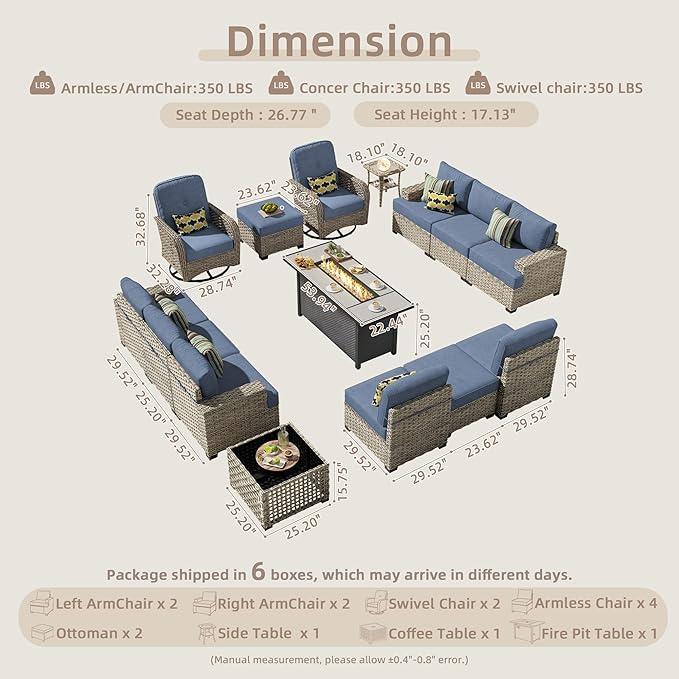 15-Piece Outdoor Sectional Sofa Set w/ 54" Fire Pit – L-Shaped Wicker Patio Furniture, Deep Seating & Swivel Rockers, Light Blue