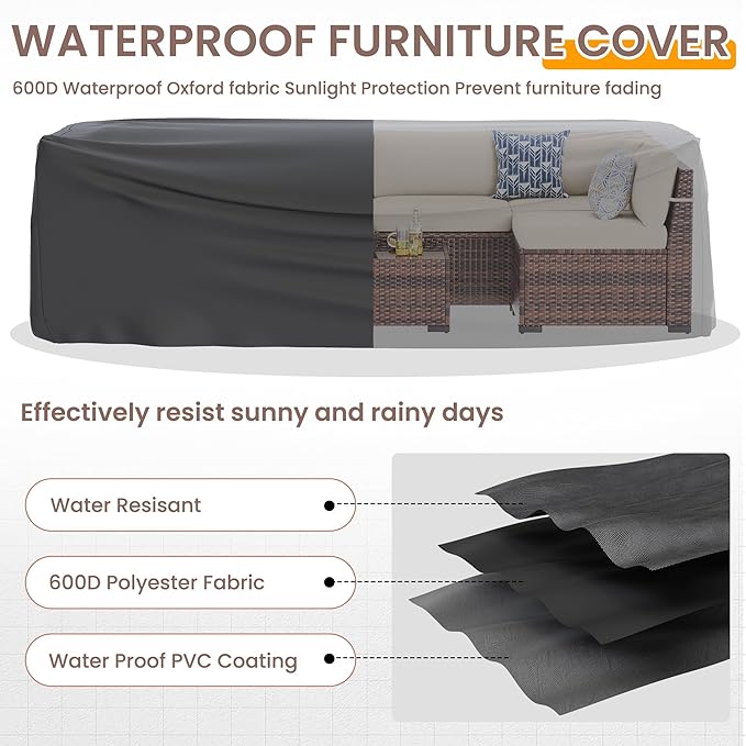 UDPATIO Patio Furniture Set, Modular Outdoor Sectional with 105°Slanted Back, 7 Pieces Rattan Conversation Set for Poolside, Backyard, Deck, with Coffee Table, Waterproof Cover,Khaki