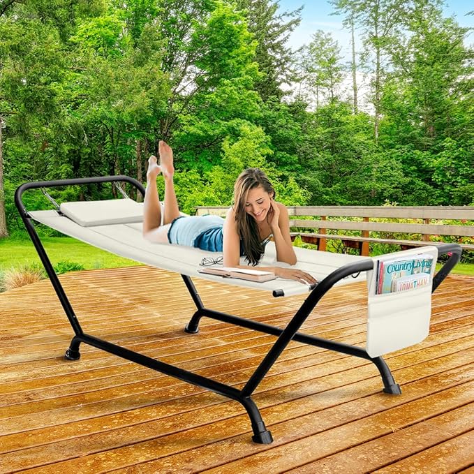 Sorbus Cozy Hammock Bed- Patio Hammock with Stand w/Pillow and Storage Pockets- Heavy Duty 500lbs Support- Durable Outdoor Hammock- For Patio, Garden, Backyard, Poolside- Weather Resistant Outdoor Bed