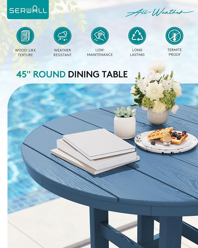 SERWALL 5-Piece Patio Dining Sets, HDPE Outdoor Table and Chairs Furniture Set, 45" Round Dining Table and 4 Armless Dining Chairs, Navy