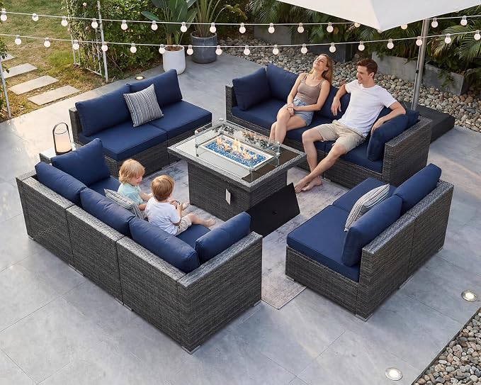 BULEXYARD 11 Piece High Back Outdoor Patio Set with Firepit, Extra Large Backyard Furniture Sectional Couch 10-Seater Modular, XL Big Wide Deep Outside Seating Area for Exterior, Grey & Navy Blue