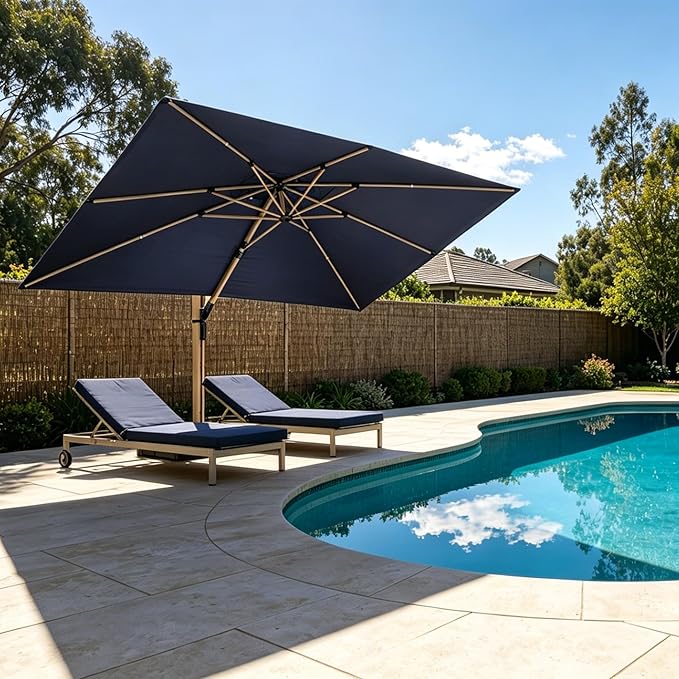 PURPLE LEAF 9' x 12' Rectangle Patio Cantilever Umbrella Large Hanging Umbrella Teak Finished Aluminum Frame Windproof Offset Outdoor Sun Umbrellas for Beach Pool Deck, Navy Blue