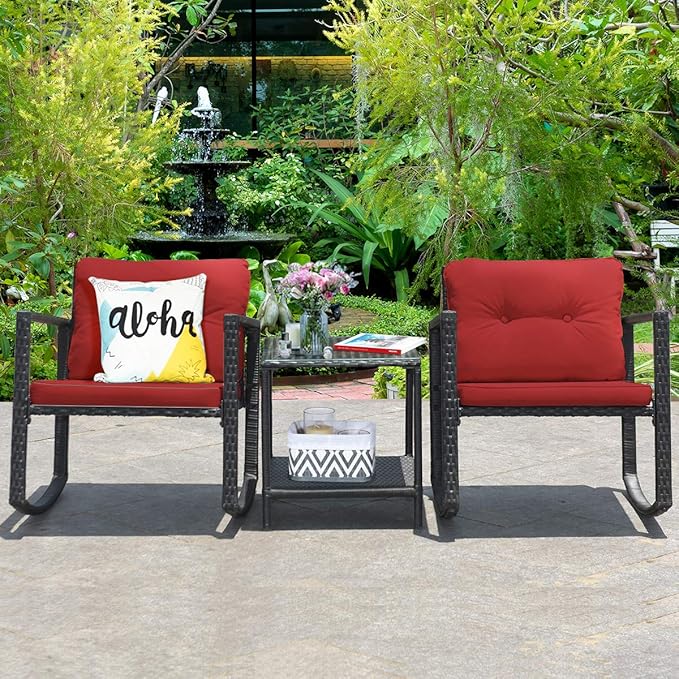 Tangkula 3 Pieces Patio Wicker Rocking Bistro Set, Outdoor Rocking Chair Furniture Set w/Cushioned Seat, Conversation Set w/Glass Coffee Table and Storage Shelf (Red)