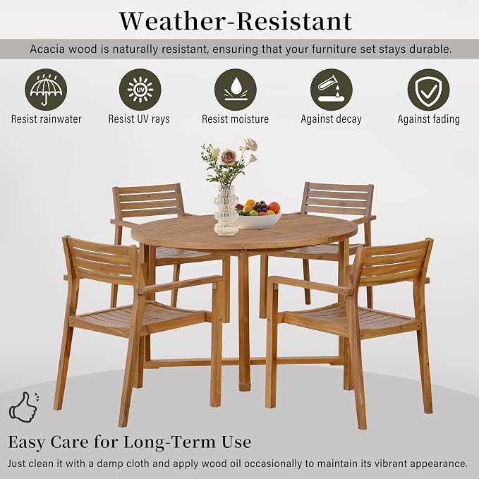 SOFTSEA 5-Piece Patio Dining Set, Acacia Wood Outdoor Table & Chairs, All-Weather Patio Round Dining Set for Garden, Deck, Poolside, Natural