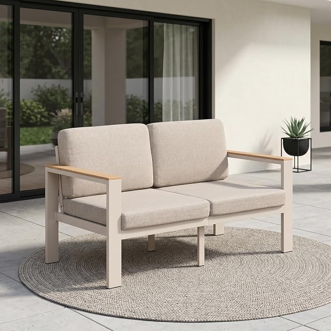 Aluminum Outdoor Patio Furniture Loveseat, All-Weather 2-Seat Patio Sofa with Rust-Resistant Frame and Water-Resistant Easy-Clean Cushions for Porch, Deck, Backyard, Beige