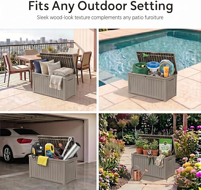 199 Gallon Large Resin Outdoor Storage Box, Waterproof Deck Box with Lockable Lid, Outside Storage Box for Patio Furniture, Pool Accessories, Garden Tools, Storage Bench for Backyard Porch,Gray Coffee