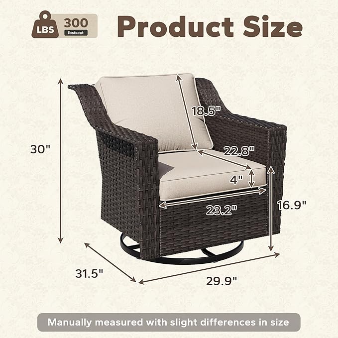 Outdoor Furniture Swivel Chair, Patio Glider Wicker Rocker Seating with Cushions for Porch Deck Balcony (Beige)