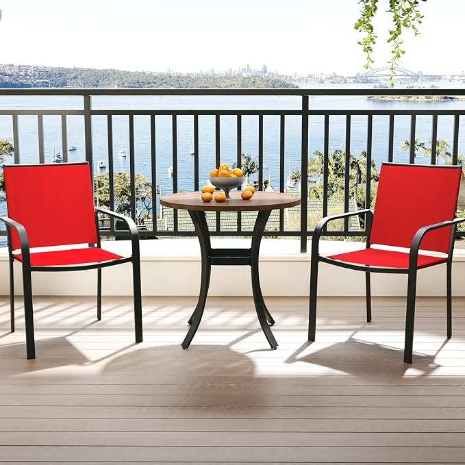 Anmutig Outdoor Bistro Set for 2, Stackable Chairs & Metal Table, Red | Weather-Resistant Textilene, Black Powder-Coated Steel Frame, Storage Shelf, Easy Assembly, Balcony, Deck, Poolside Use
