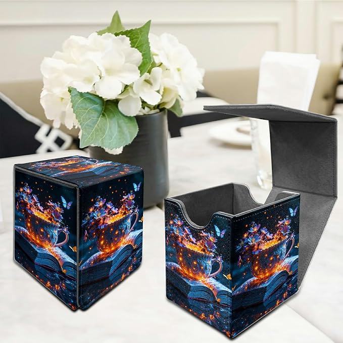 Purple Butterfly Cup Card Deck Box for MTG, Personalized Card Storage Case Fits 120+ Sleeved Cards, Premium Leather TCG Box with Strong Magnetic Closure for Magic, CCG, PTCG, Baseball Cards