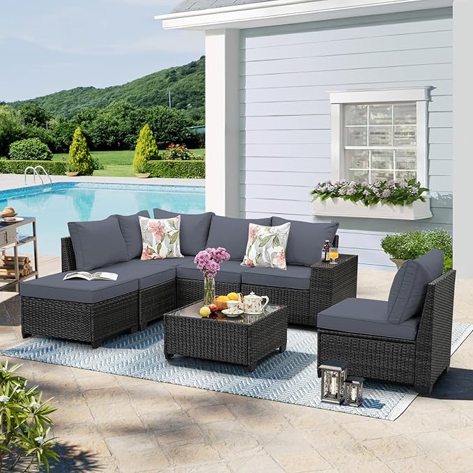 7 Pieces Patio Furniture Set,Wicker PE Rattan Outdoor Sectional with Cushion & Coffee Table, Patio Conversation Sofa for Garden, Backyard, Poolside, Grey