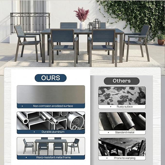 7 Piece Patio Dining Set for 6, Outdoor HDPE Table and Chairs with Umbrella Hole, All Weather Outdoor Furniture for Backyard, Deck, Lawn, Poolside, Blue