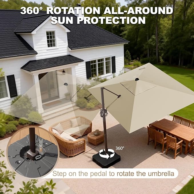 9' X 12' Cantilever Patio Umbrella Rectangle Outdoor Umbrella with Base Included, 6-Level Tilt & 360° Rotation Offset Umbrella for Garden, Deck, Pool (Beige)