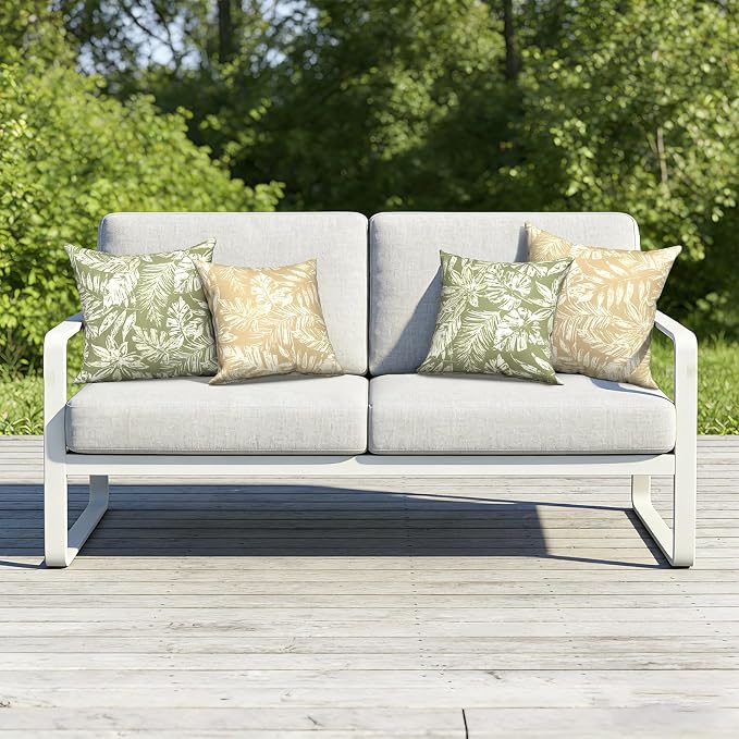 Outdoor Pillows with Insert 18x18 Inch, Waterproof Throw Pillow for Patio Furniture, Decorative Back Cushion for Garden Home Sofa Office Chair, Set of 2, Tropical Leaf Green