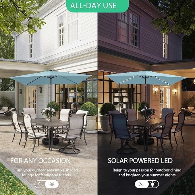 JEAREY 6.5x10 ft Rectangular LED Lighted Patio Umbrellas Outdoor Solar Table Market Umbrella w/Push Button Tilt/Crank, 6 Sturdy Ribs, UV Protection Waterproof Sunproof(Lake Blue)