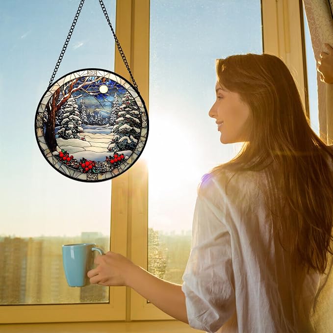 DASTOLL Stained Glass Window Hanging Christmas Tree Winter Snow Night Scenery 9.8" - Suncatcher Door Garden Kitchen Sun Catcher Home Decor Birthday for Mom Men Woman Friend