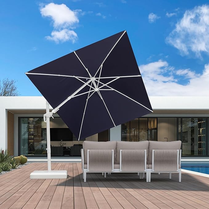 PURPLE LEAF 8' X 11.5' Right-left Tilt White Cantilever Umbrella with Base Patio Outdoor Swivel Umbrellas with Aluminum Tilt Offset Umbrella with 360° Rotation for Deck Pool, Navy Blue