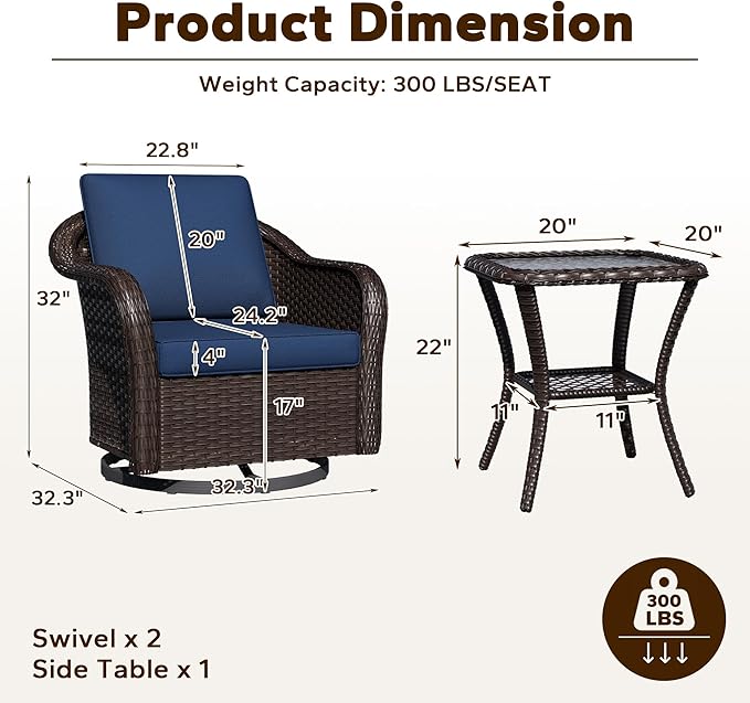 3 Piece Patio Wicker Bistro Set, 2 All-Weather Use Outdoor Wicker Swivel Chairs with PE Rattan Side Table,Ideal for Porch, Backyard, Balcony, Poolside, Blue